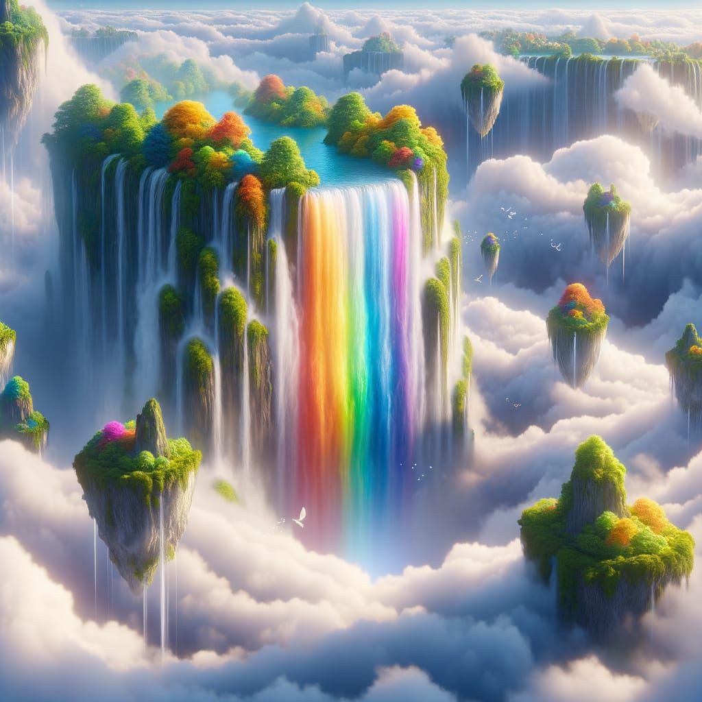 Rainbow Waterfall Cascading Through Clouds