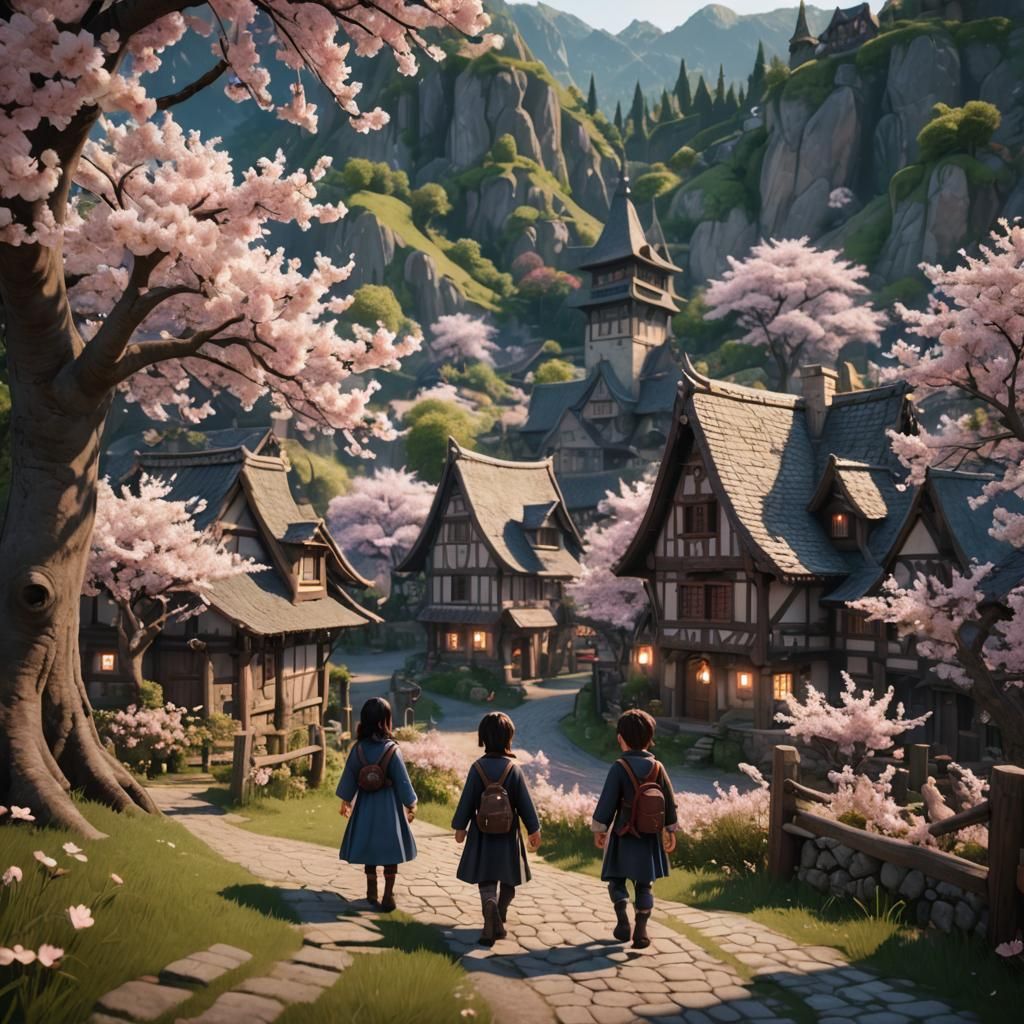 Cherry Blossom Valley Village at Dusk: 3D Render