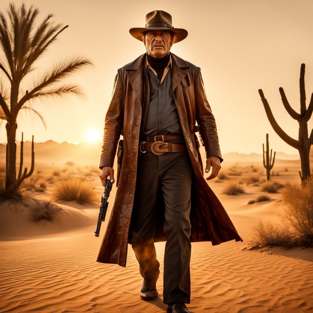 Crocodile Gunslinger in Desert Sunset, Western Film Still