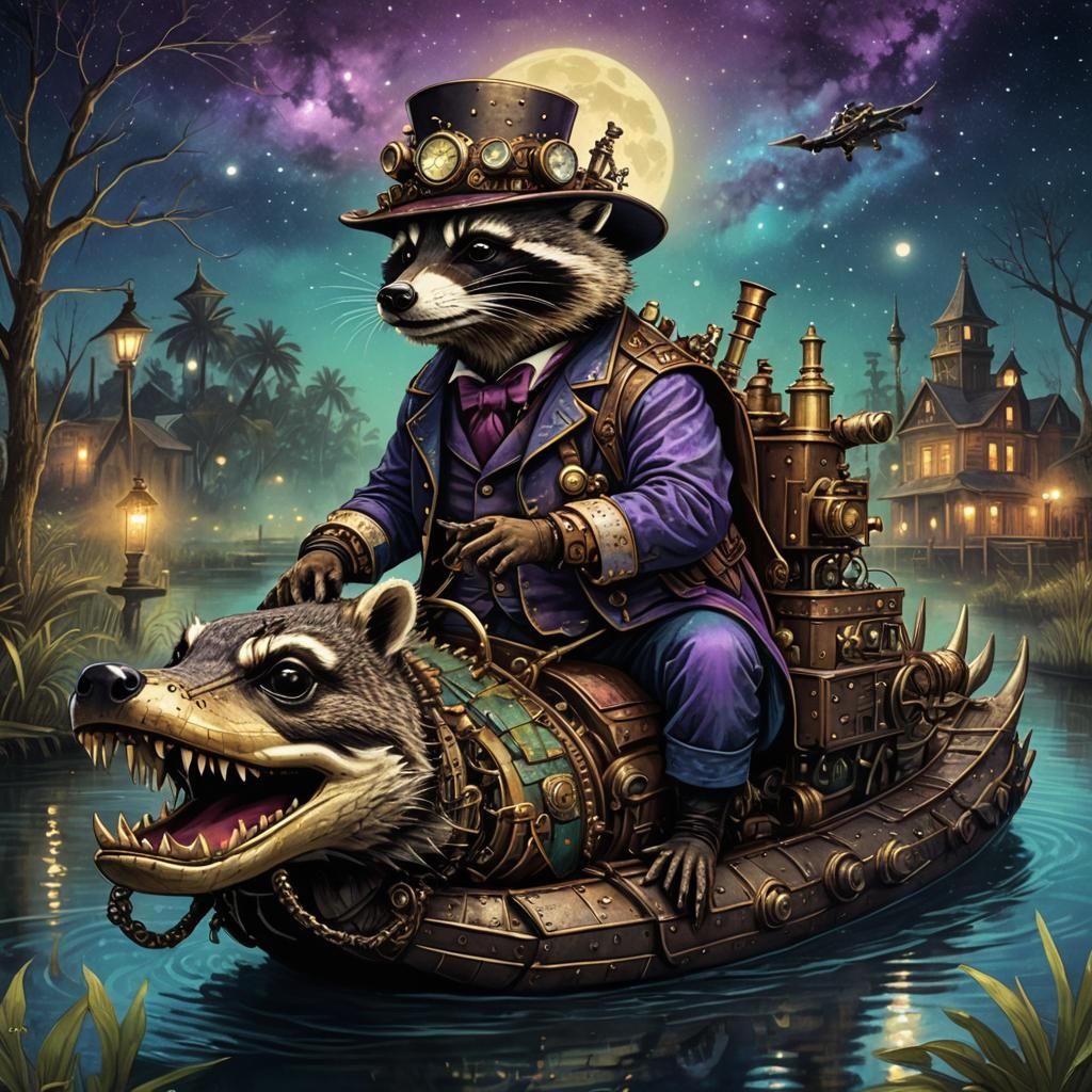 Steampunk Raccoon Rides Alligator in Bayou Illustration