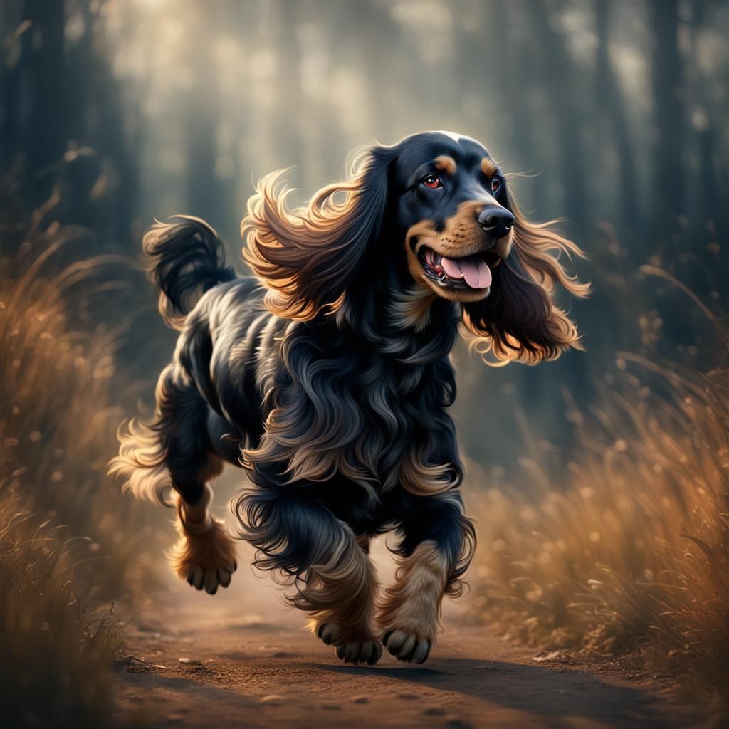 English Cocker Spaniel Running, Detailed Fantasy Art