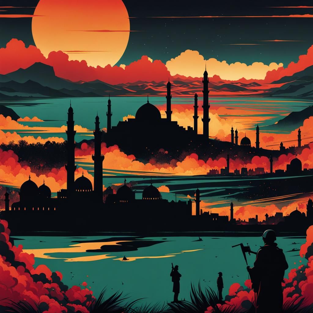 Minimalist Ink Art of Gaza Aftermath with Arabic Text