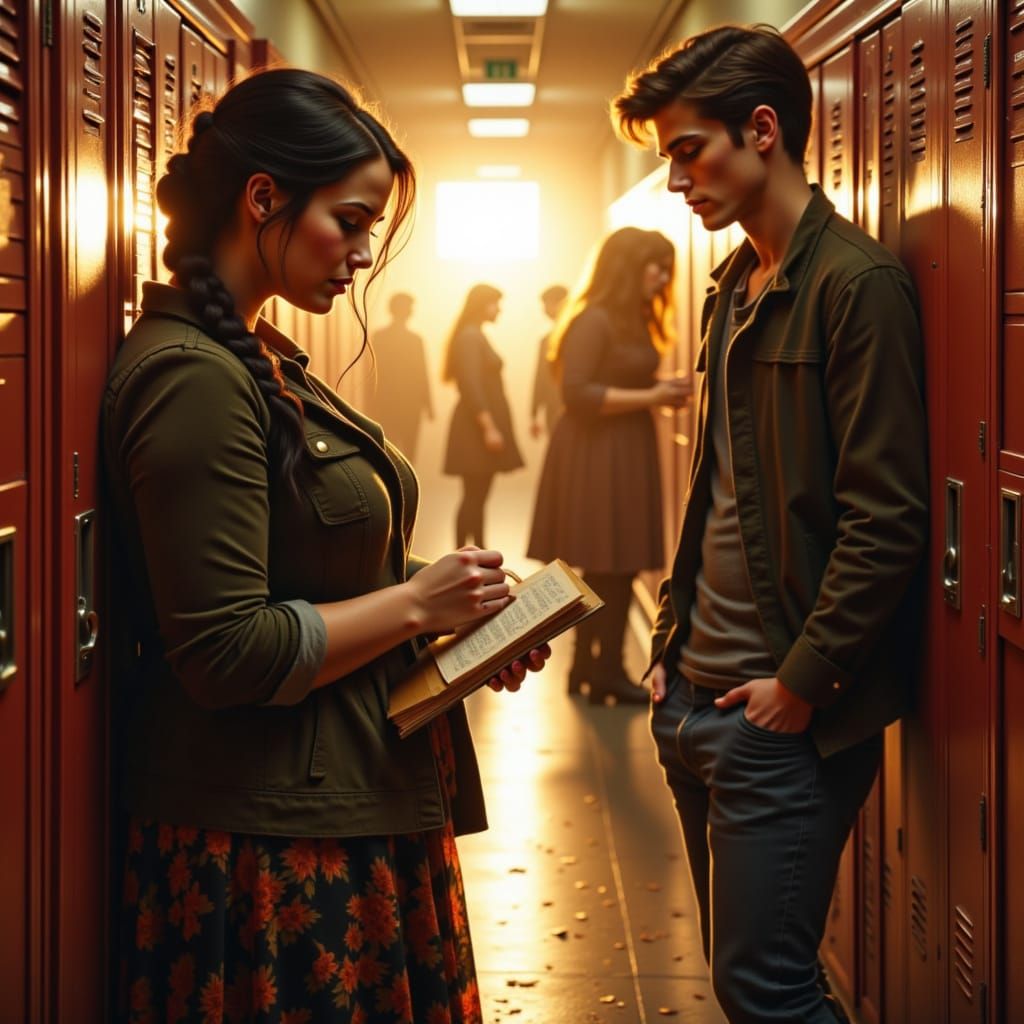 Golden Hour Hallway Scene with Thoughtful Young Woman