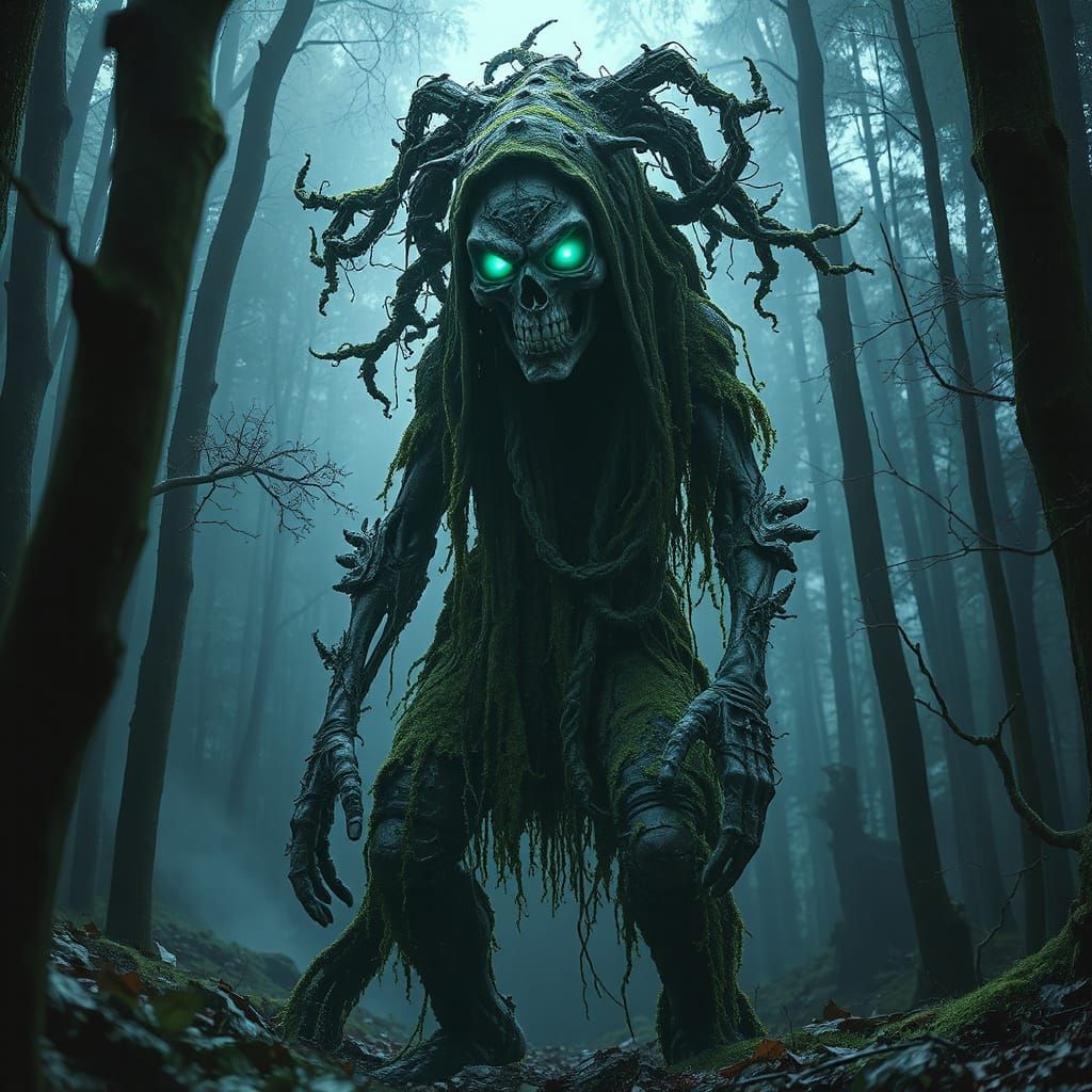 Monstrous Reaper in Misty Forest, Dark Fantasy Art
