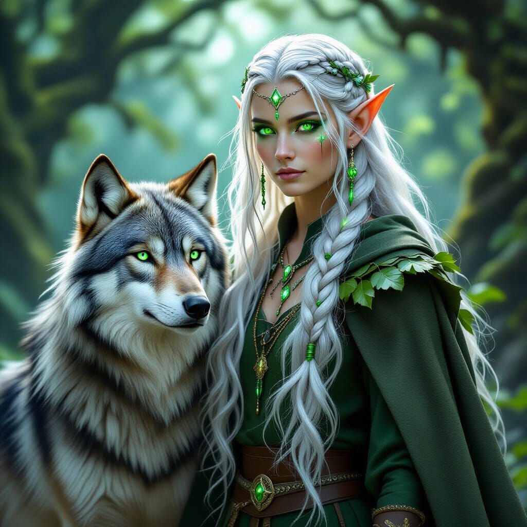 Mystical Elf and Wolf in Ethereal Forest