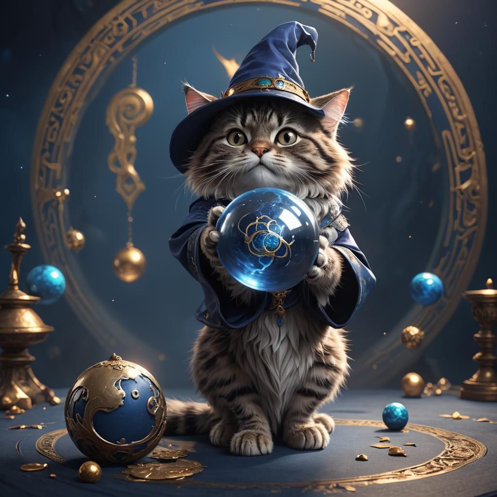 Cute Cat Wizard with Sphere, Fantasy Concept Art