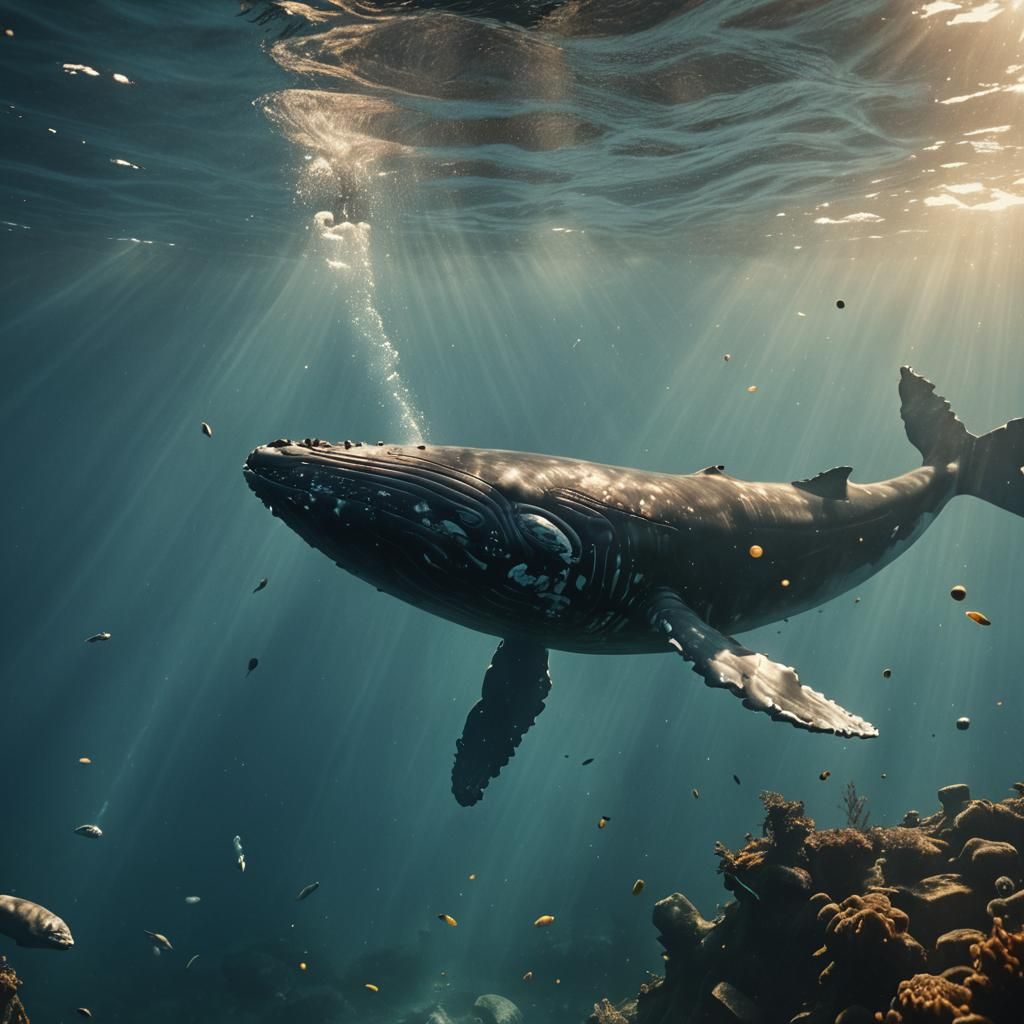 Underwater Swimmer with Whale in Cinematic Style