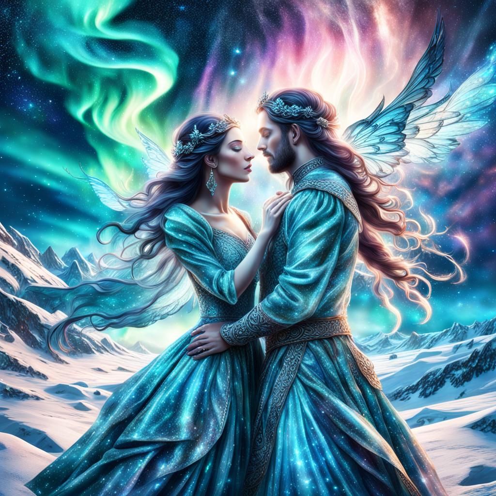 Twin Flames Couple Under Aurora Starry Sky
