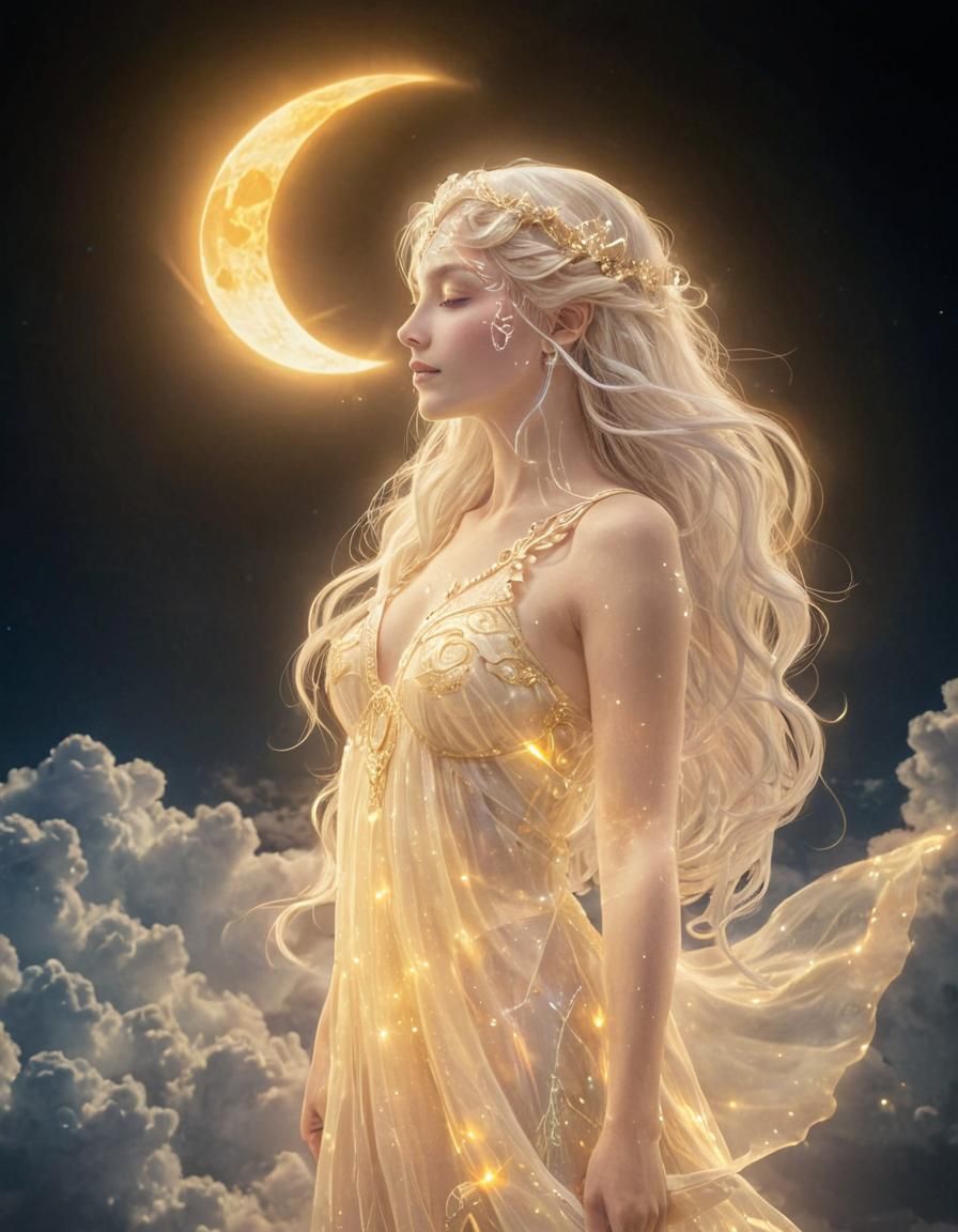 Ethereal Goddess of Luminosity in a Cloudy Night Sky
