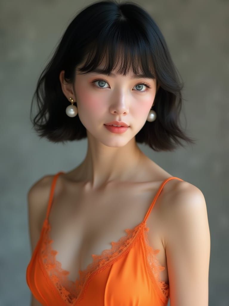 Elegant Woman in Orange Camisole: Photorealistic Concept Art