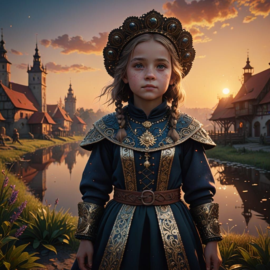 Polish Girl in Vibrant Krakowiak Costume at Sunrise