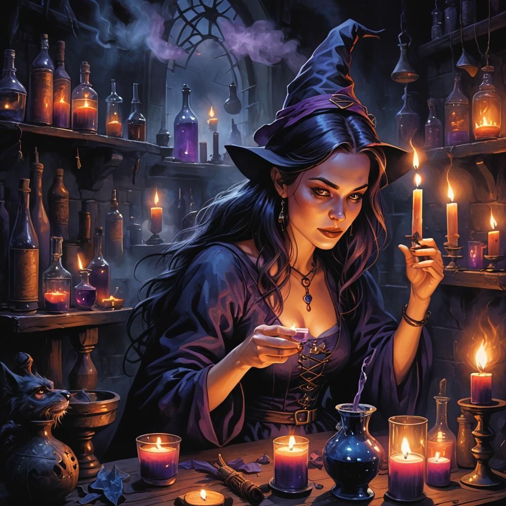 Mystical Witch Brewing Potion in Dark Fantasy Illustration
