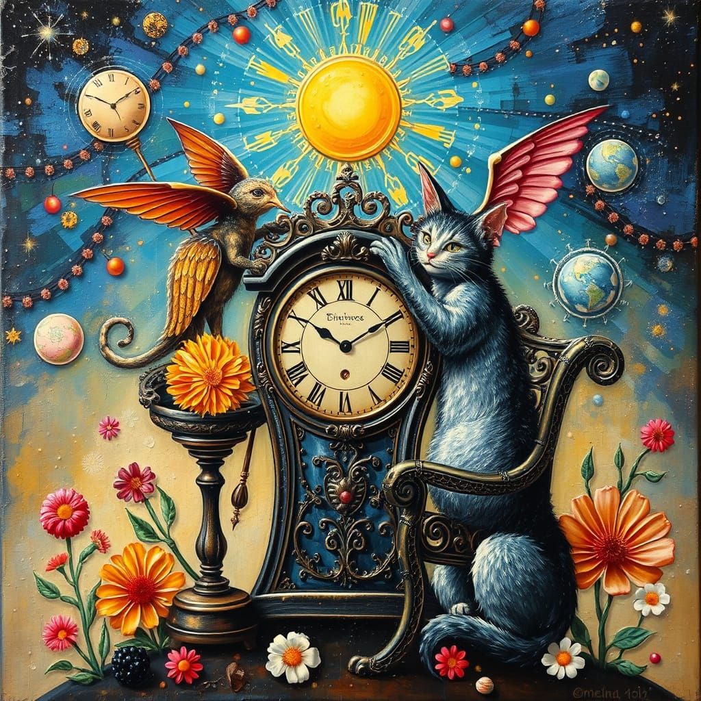 Surreal Cosmic Clock Cat in Vibrant Impasto Style