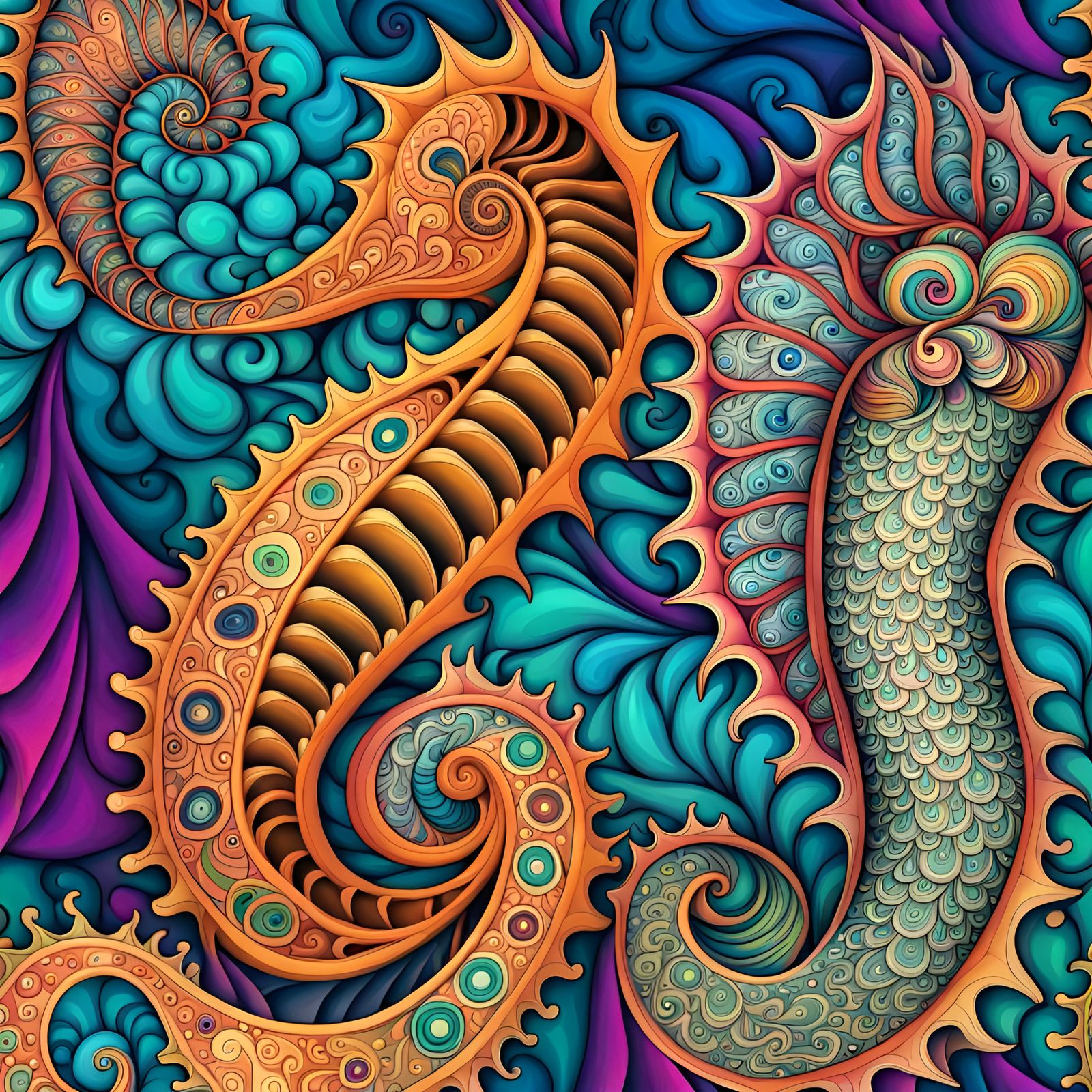 Colorful Paisley Seahorse and Seashell Fractal Pattern