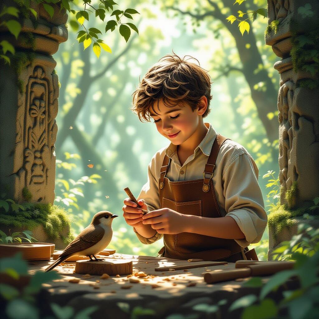 Carpenter Boy Carving Bird in Forest Clearing