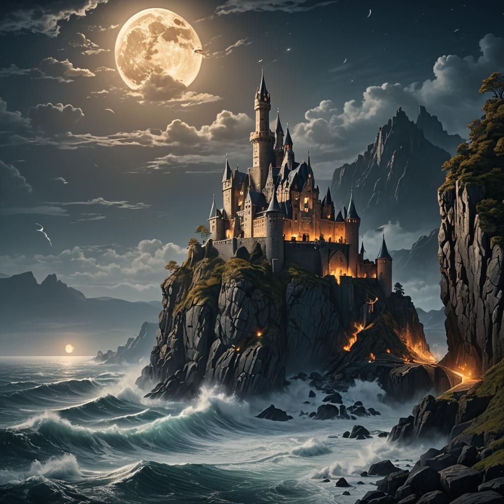 Majestic Castle on Cliff Under Midnight Moon