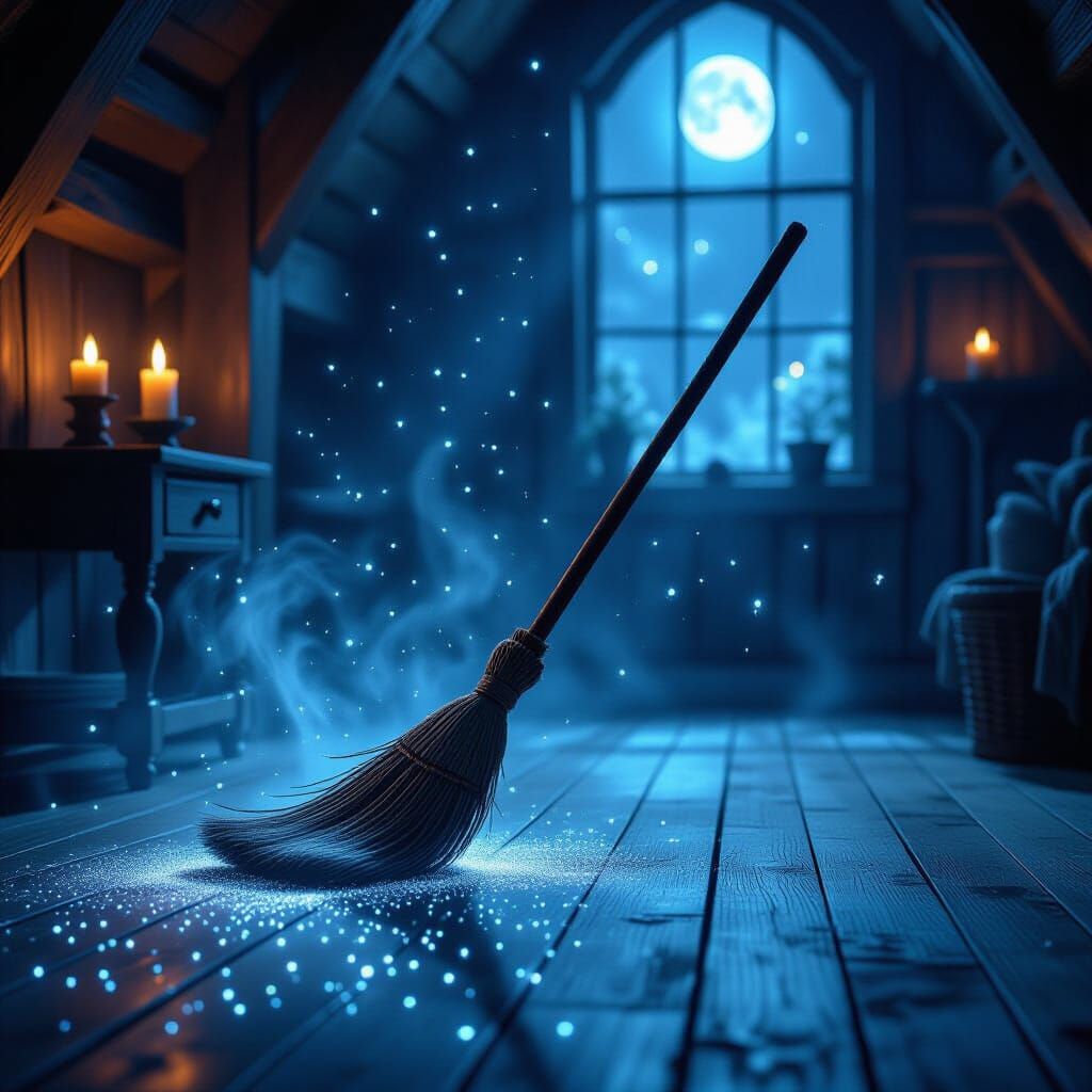 Enchanted Broom Sweeps Cozy Cottage Floor in Whimsical Fanta...