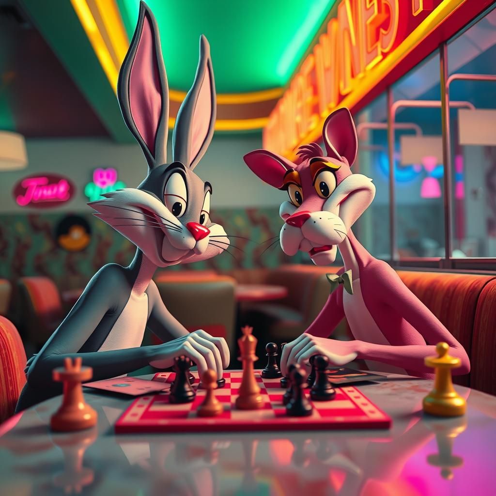 Bugs Bunny and Pink Panther Play Chess in Diner