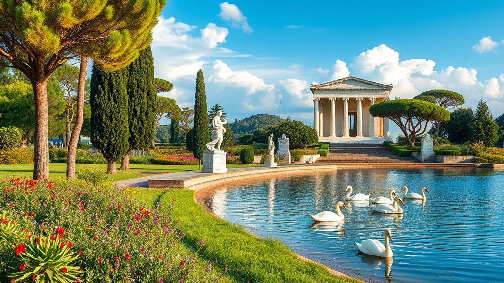 Serene Seaside Park with Roman Temple