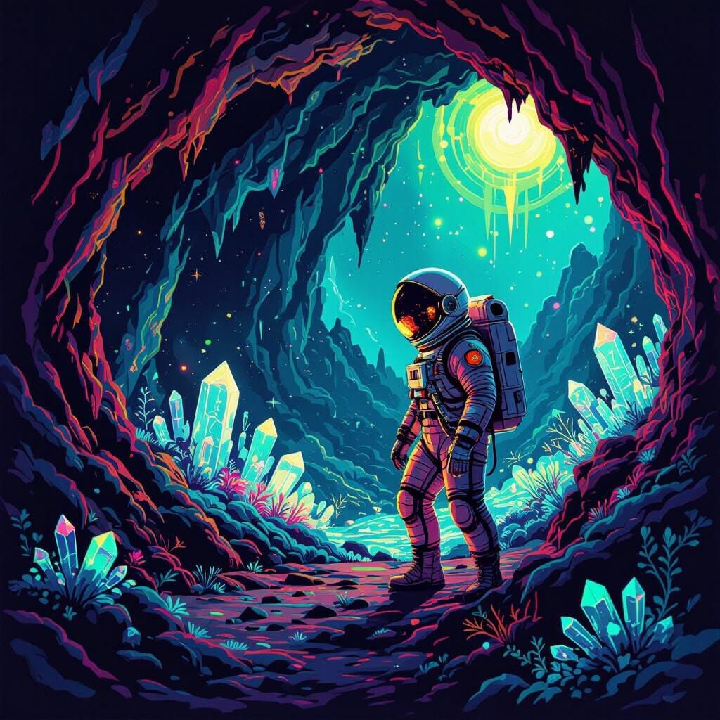 Astronaut Explores Alien Cave with Glowing Flora