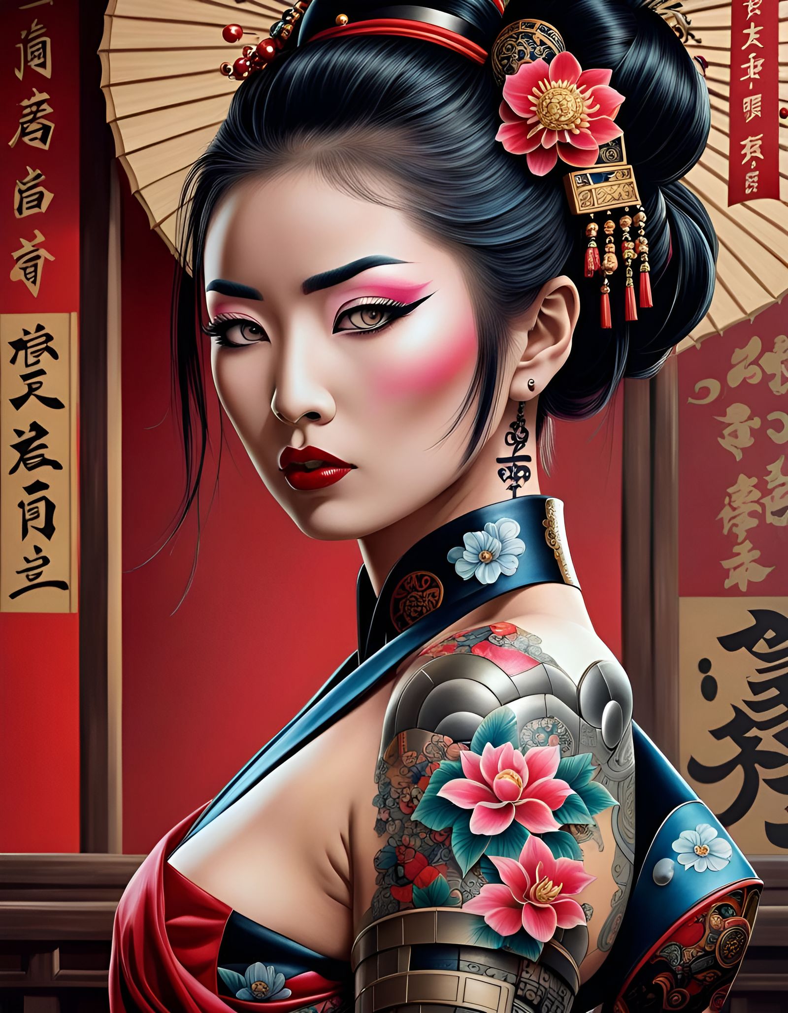 Robotic Geisha with Kanji Tattoos in Comic Style
