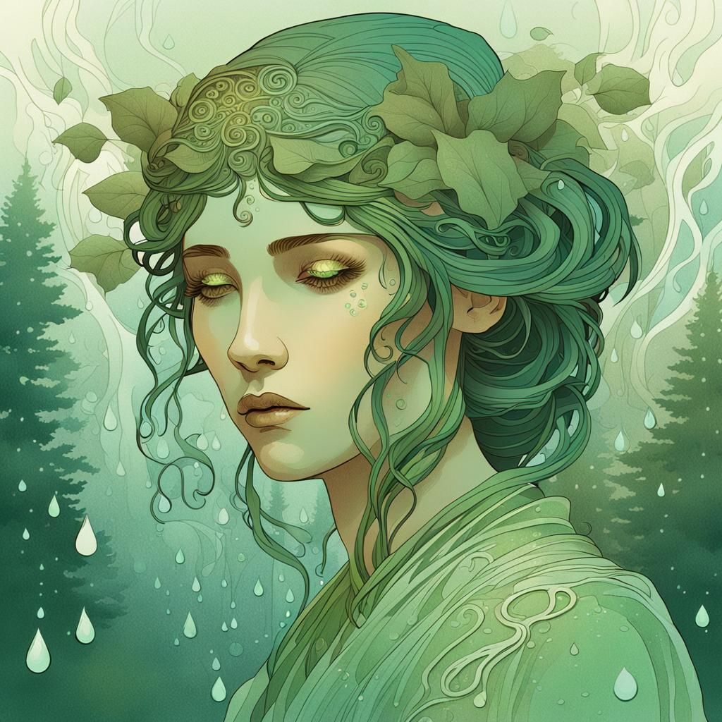 Serene Woman in Misty Forest: Art Nouveau Portrait