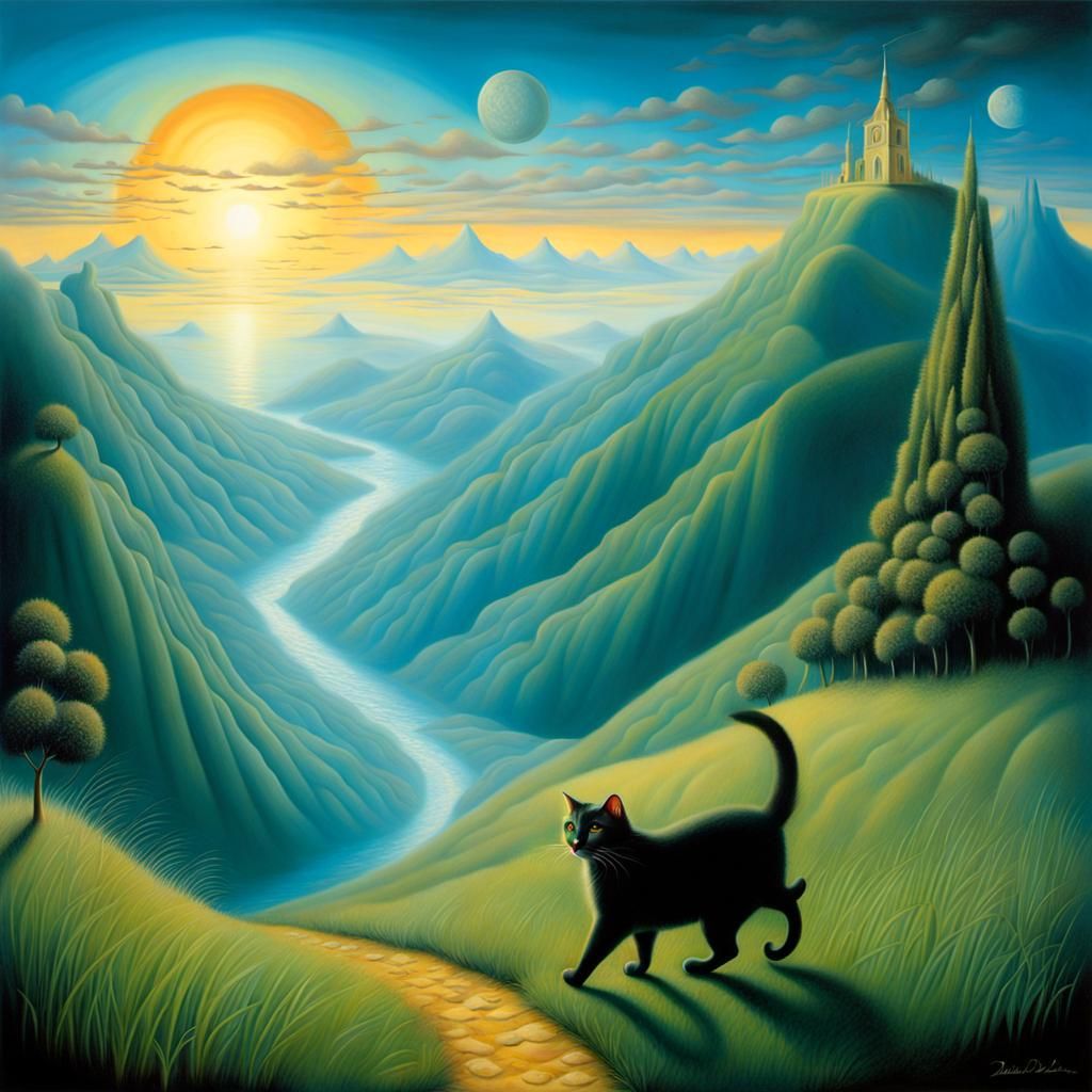 Cat Chasing Time in Surreal Dreamscape