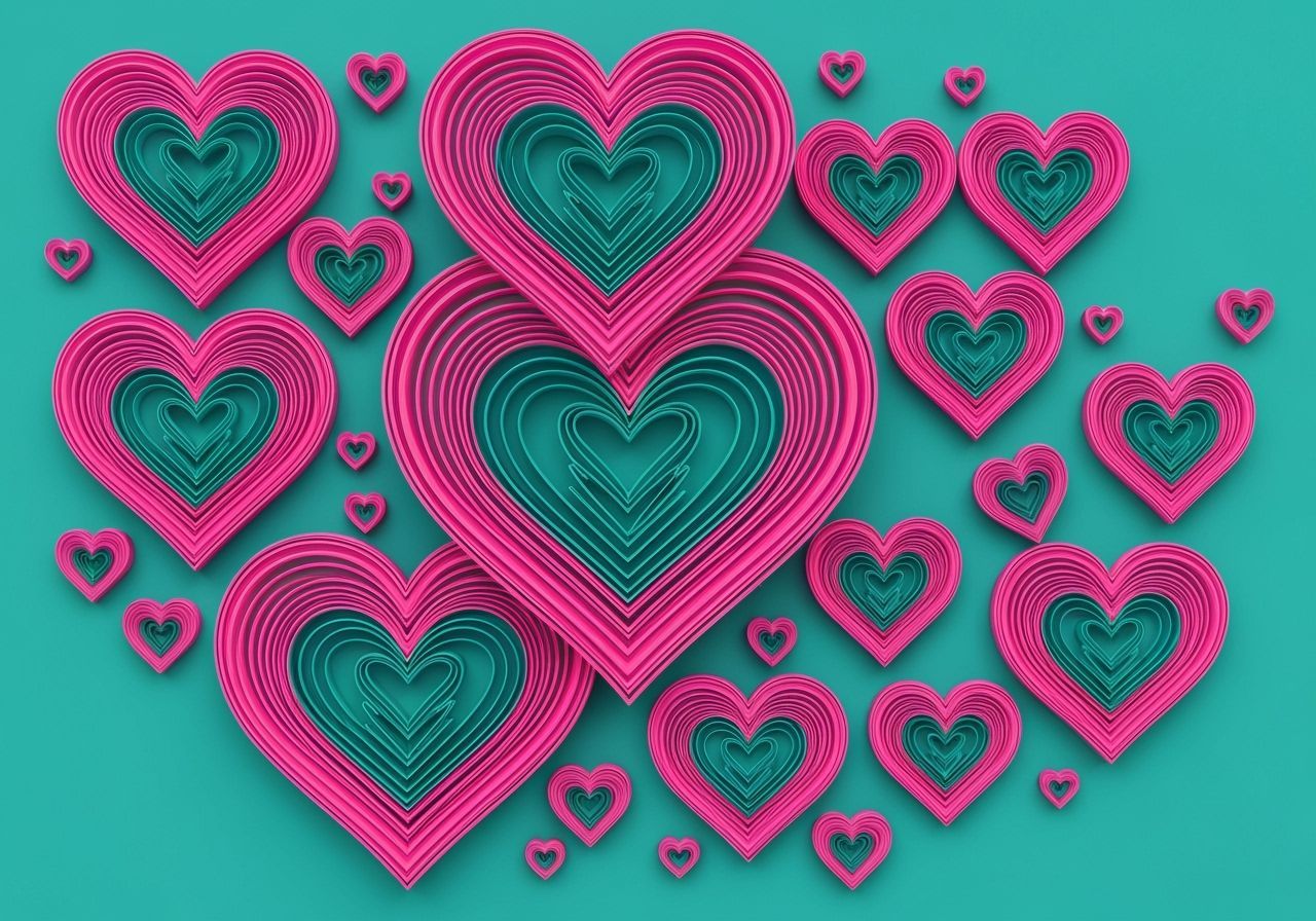 Intricate 3D Quilled Hearts in Pink and Teal