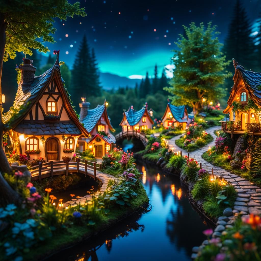 Enchanting Fairy Village in Forest, Hyperrealistic Photo