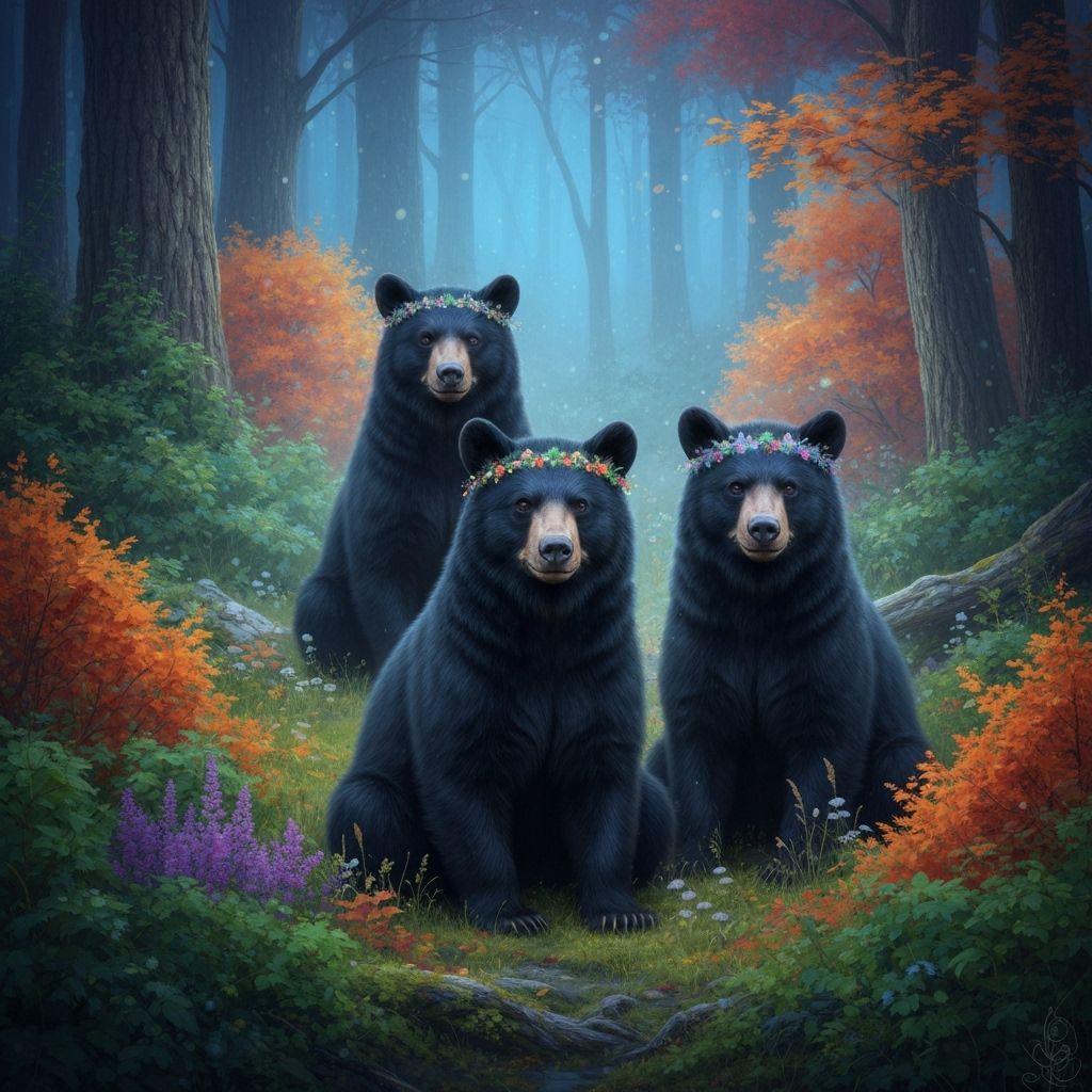 Whimsical Bears in Mystical Autumn Forest
