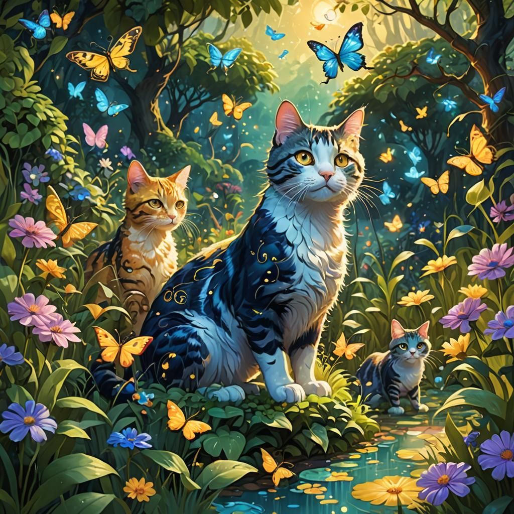 Cats Playing in Garden: Detailed Matte Painting