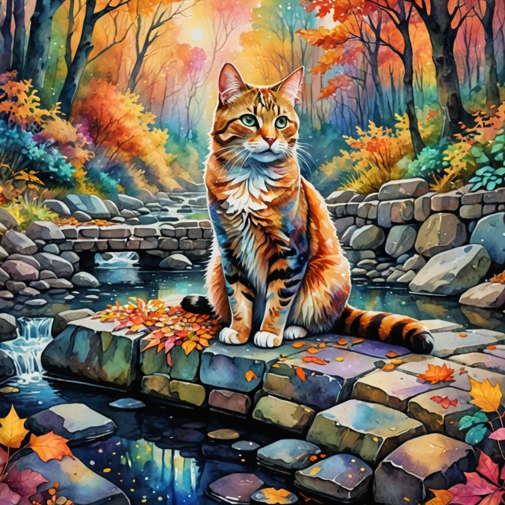 Majestic Cat in Watercolor Autumn Forest