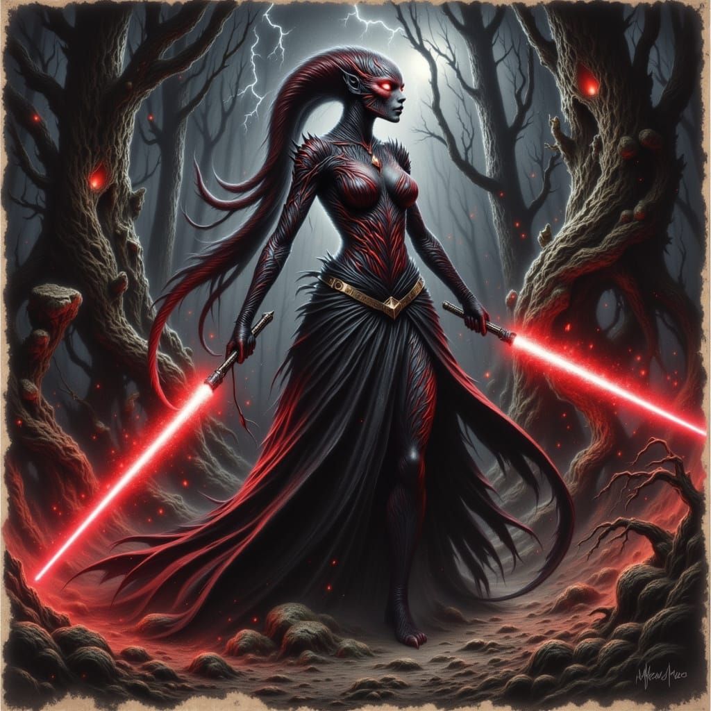 Twi'lek Sith Warrior in Renaissance Illustration Style