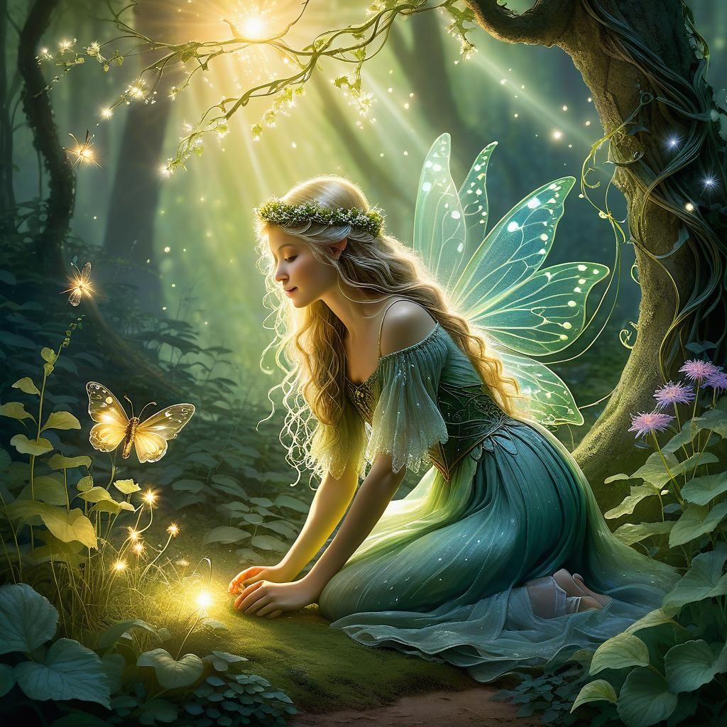 Kind Fairy Tends Wounded Creature in Sunlit Forest