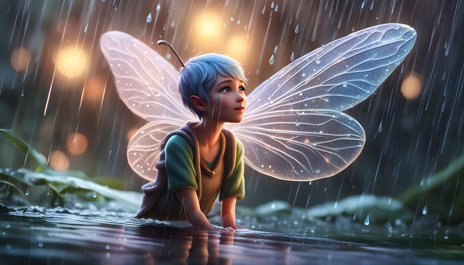 Pixie with Glowing Wings and Raindrop
