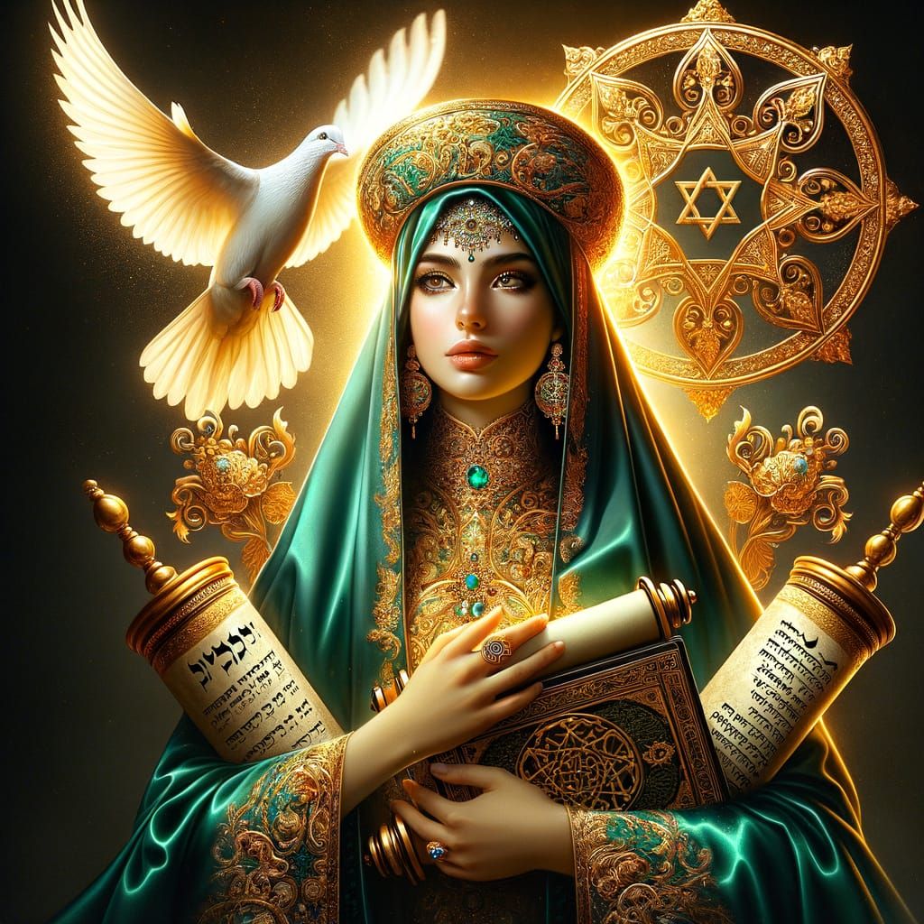 Radiant Woman with Symbols of Faith and Peace