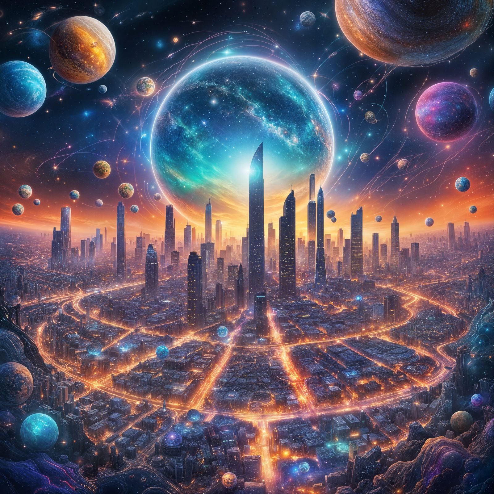 City on Disc Planet Amongst Stars Astral Illustration