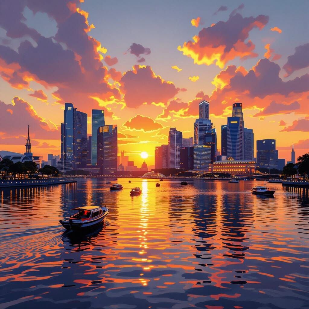 Vibrant Singapore River Sunrise in Painterly Style