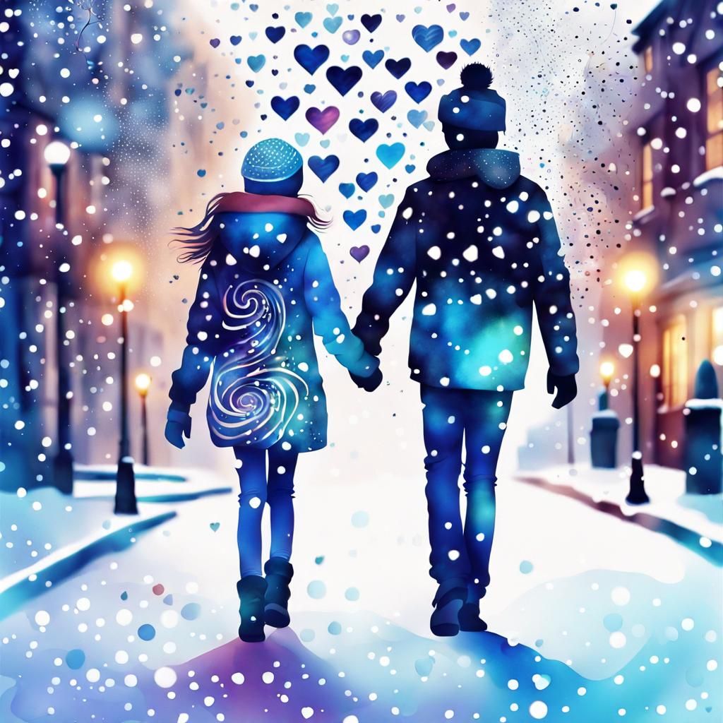 Couple Walking in Snowy Street: Digital Watercolor