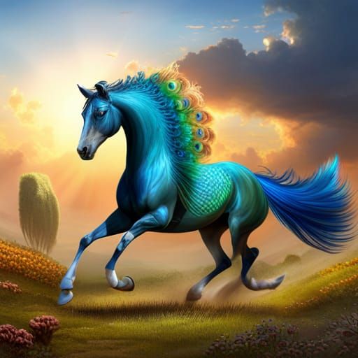 Fantastical Horse-Peacock Hybrid Running, Digital Art