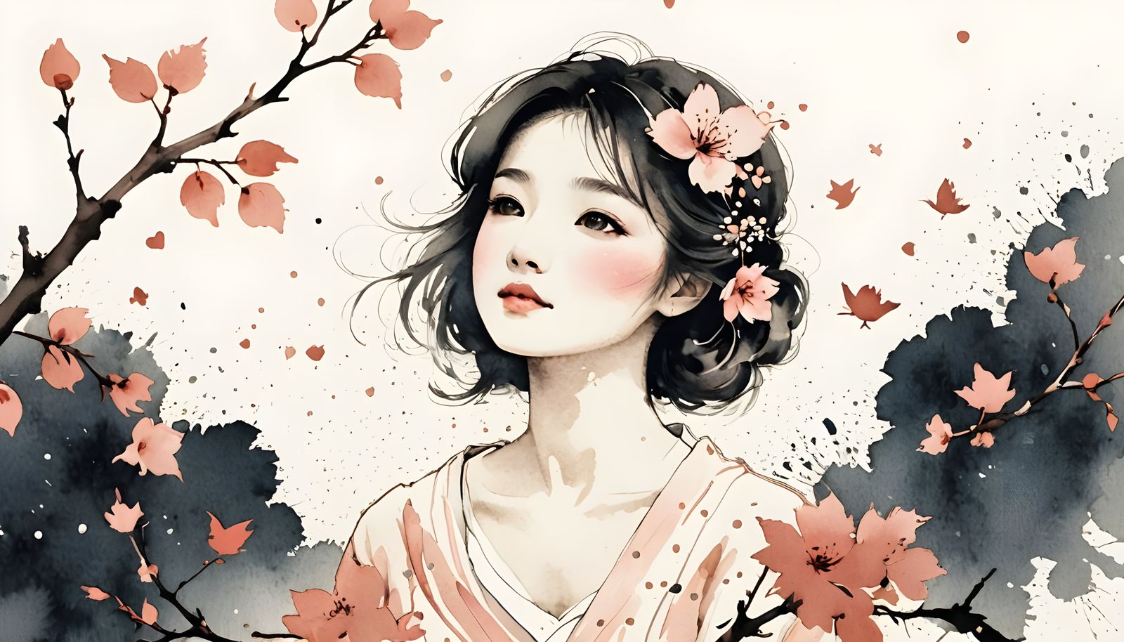 Bird on Branch in Sumi-e Style with Diluted Inks