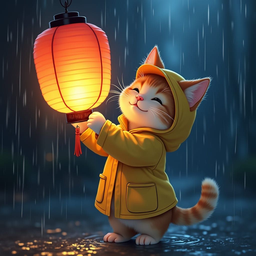 Joyful Cat in Yellow Raincoat Shines in Rainy Night Scene