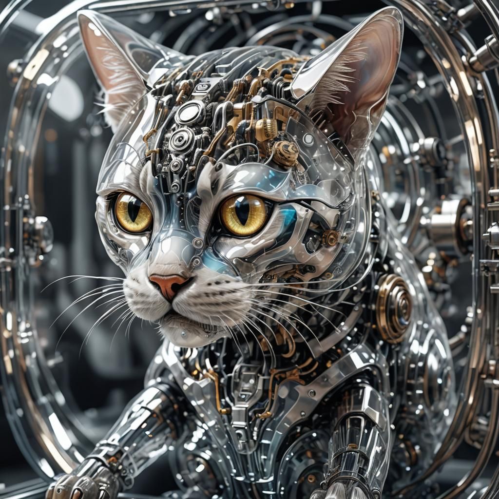 Transparent Cybernetic Cat with Visible Mechanical Structure