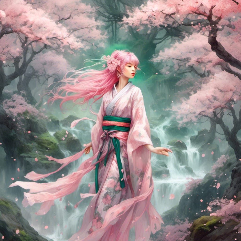 Pink-Haired Kunoichi in Misty Forest, Anime Style