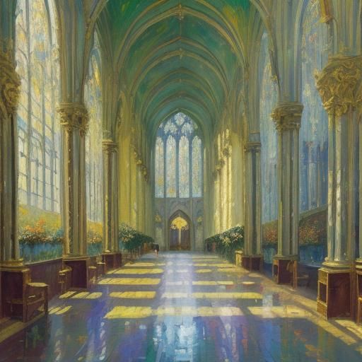Cathedral Interior in Expressionist Neo-Impressionist Style