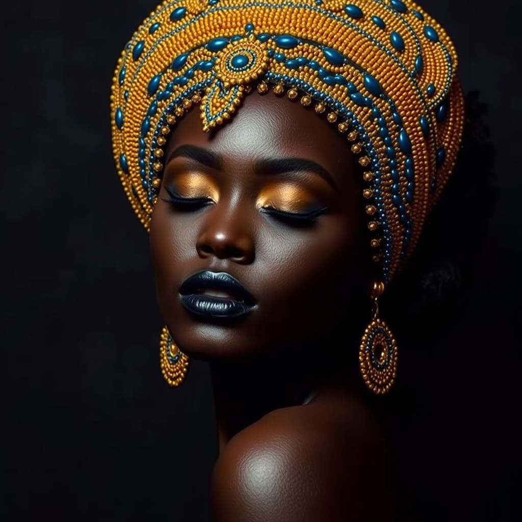Dark Goddess in Gold and Blue Beaded Regalia