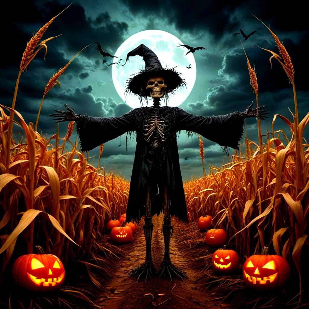 Macabre Scarecrow Halloween Maze Under Moonlit Sky