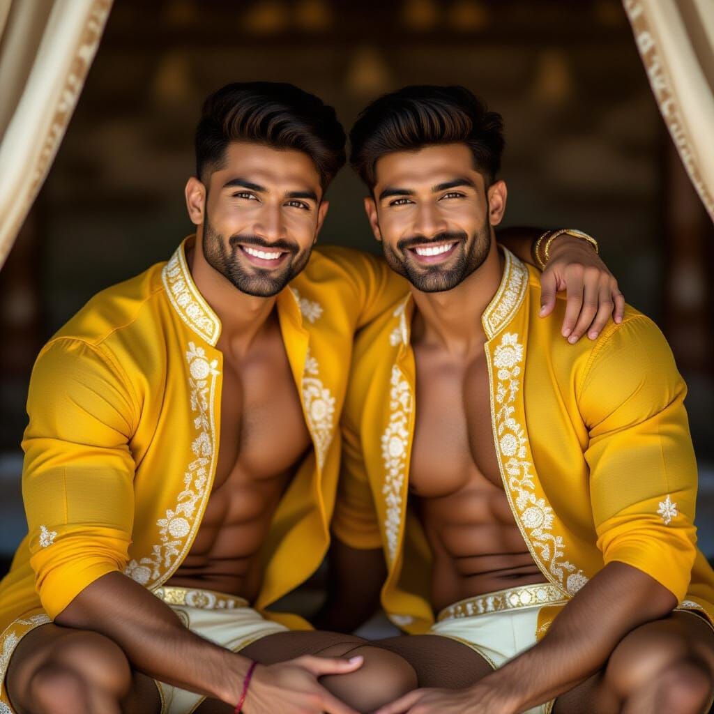 Two Indian Men Posing Romantically in Photorealistic Style