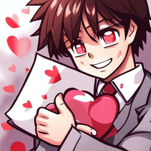 smiling brown-hair boy holding valentine by artist "anime", Anime Key Visual, Japanese Manga, Pixiv, Zerochan, Anime art...