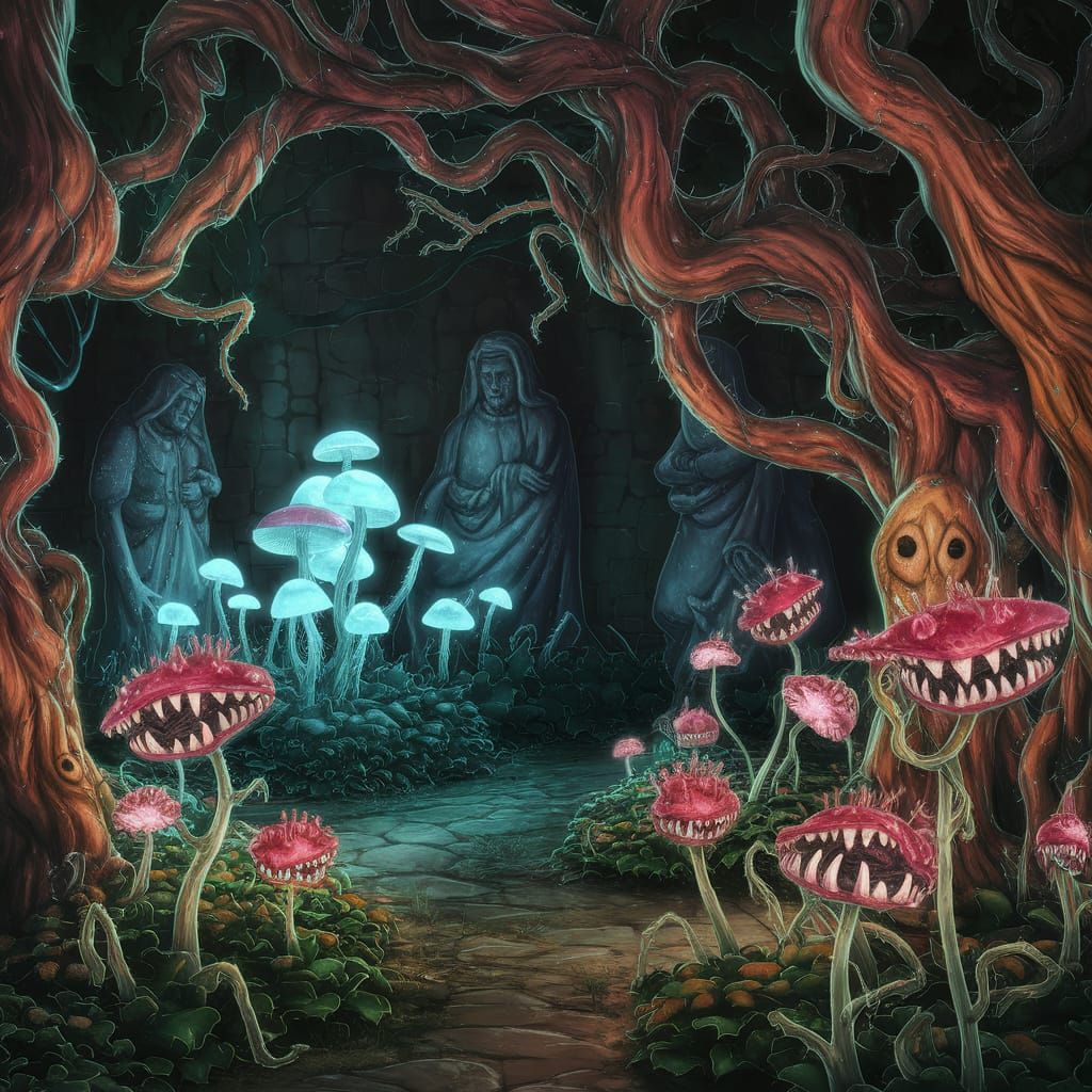 Enchanted Overgrown Garden with Glowing Flora